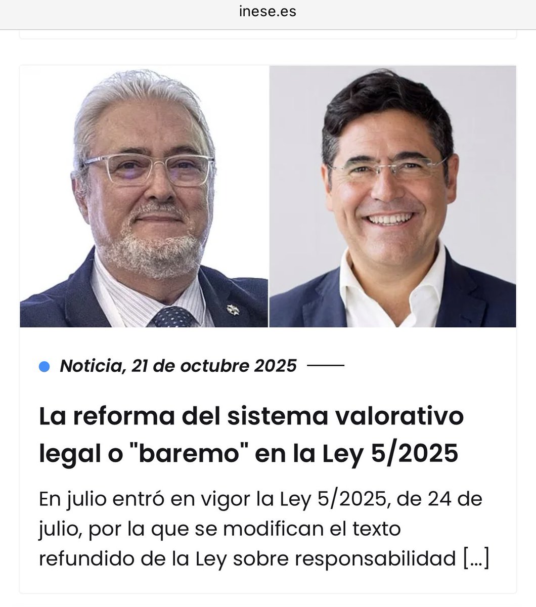 📣 #Artículo (2025): «La reforma del sistema valorativo legal o "baremo" en la Ley 5/2025». BDS <a href="/Inese_seguros/">INESE</a>. 21 de octubre de 2025. 
🌐
Léelo aquí:
inese.es/la-reforma-del…