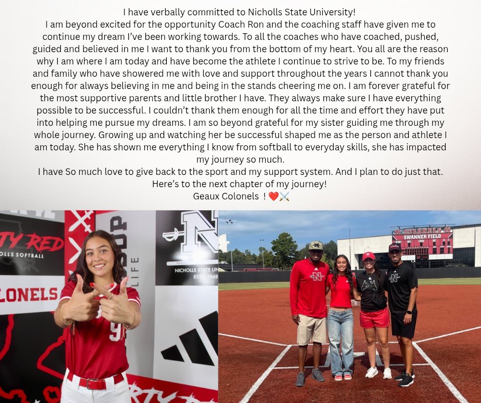 AvaReign2027's tweet photo. Thank you @CoachRonFrost @Coach_AVazquez @nicole_pinney6  for making my dream of playing college softball come true at @nicholls_sb.        Geaux Colonels ⚔️

@ig_plocheck 
@PlocheckRobert 
@Coach_Twinn 
@DeerPark_SB https://t.co/t3DGjlQaZv