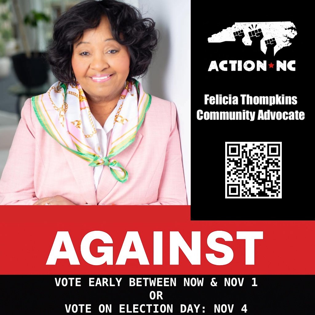 Action_NC's tweet image. We applaud the principled stand taken by Community Advocate Felicia Thompkins on behalf of the entire community. Felicia knows who pays and who benefits and that&apos;s why she&apos;s AGAINST this referendum.

#StopDisplacement #CommunitiesOverContracts #VoteAGAINST