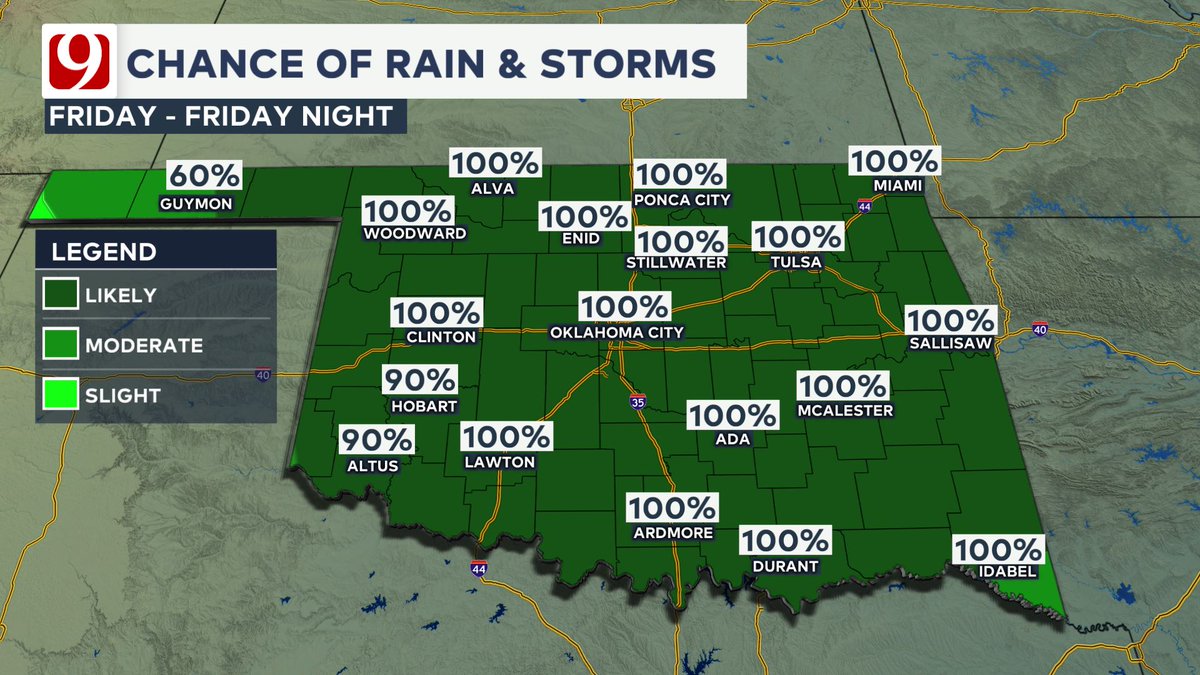 Our next rain maker is on the way! Rain chances increase late tomorrow through tomorrow night. Rounds of rain and storms look likely all the way through Saturday. This much needed rain will keep afternoon temperatures on the cooler side after tomorrow. #okwx
