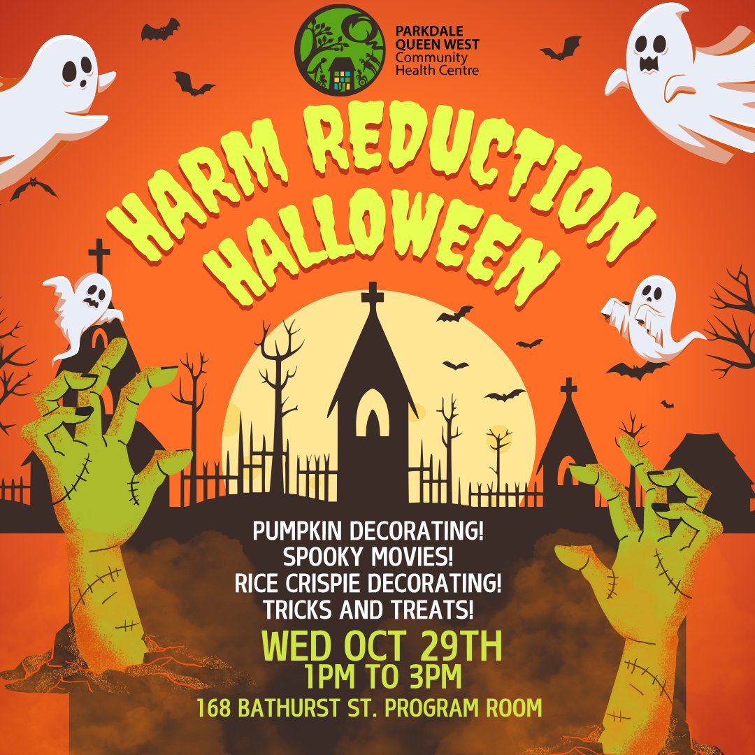 🎃👻 Harm Reduction Halloween
October 29th 
1PM – 3PM 
168 Bathurst St W
#PQWCHC clients please join us for Spooky Movies, Pumpkin Decorating &amp; treats!

Check out our Program Calendar for more events: pqwchc.org/calendars/quee…

#Halloween #SpookySeason #HarmReduction #SafeAndSpooky