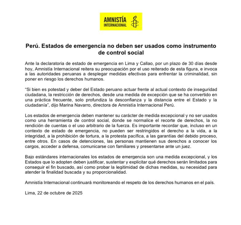 #Perú Los estados de emergencia deben mantener su carácter de medida excepcional y no ser usados como herramienta de control social, donde se normalice el recorte de derechos, la no rendición de cuentas o el uso arbitrario de la fuerza.
