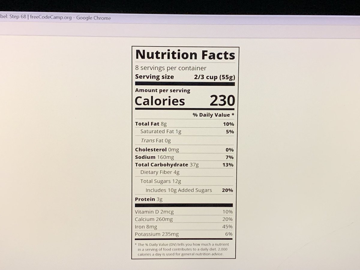 Dr_EmmaNuel2's tweet image. #CodeMoodDay7 💻
Today, I learnt Typography, I used fonts, spacing, and text hierarchy to build a nutritional label. I feel formatting text is one essential thing when coding to build a visually appealing website. I know I’m still far but I will get there 💪.
#30DaysOfCode #CSS
