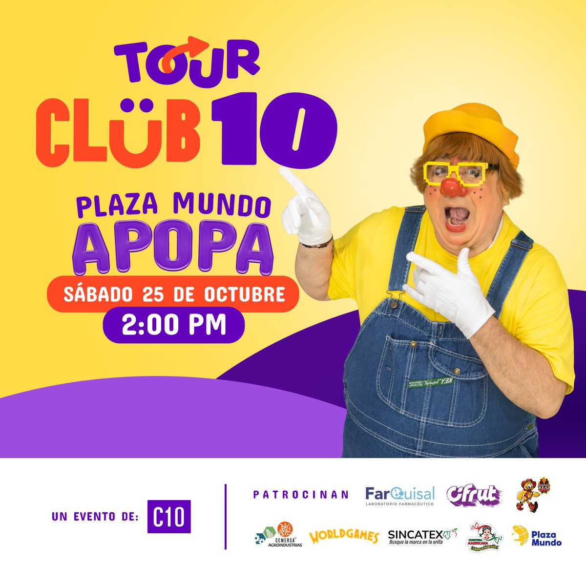 ¡Nos encontramos este sábado en <a href="/PlazaMundo_/">@plazamundo_</a> Apopa con #TourClub10!🤩

La diversión llega acompañada de muchas dinámicas y premios en compañía de <a href="/pildorines/">Pildorin el Payaso</a>.🥳