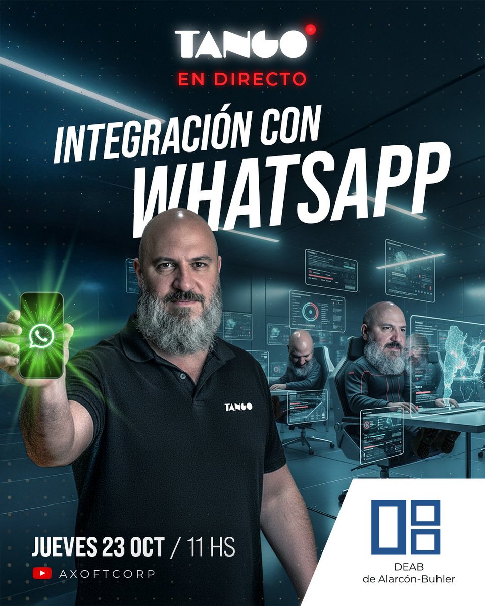 DEABTango's tweet image. #TangoEnDirecto

👉 Mañana, jueves a las 11h, no te pierdas el directo de Integración con WhatsApp, donde se verá la integración de Tango con WhatsApp a través de su API, la interfaz para chatear. 

🔴YouTube: Acceso youtube.com/@AxoftCorp

#tangosoftware #deab #dealarconbuhler