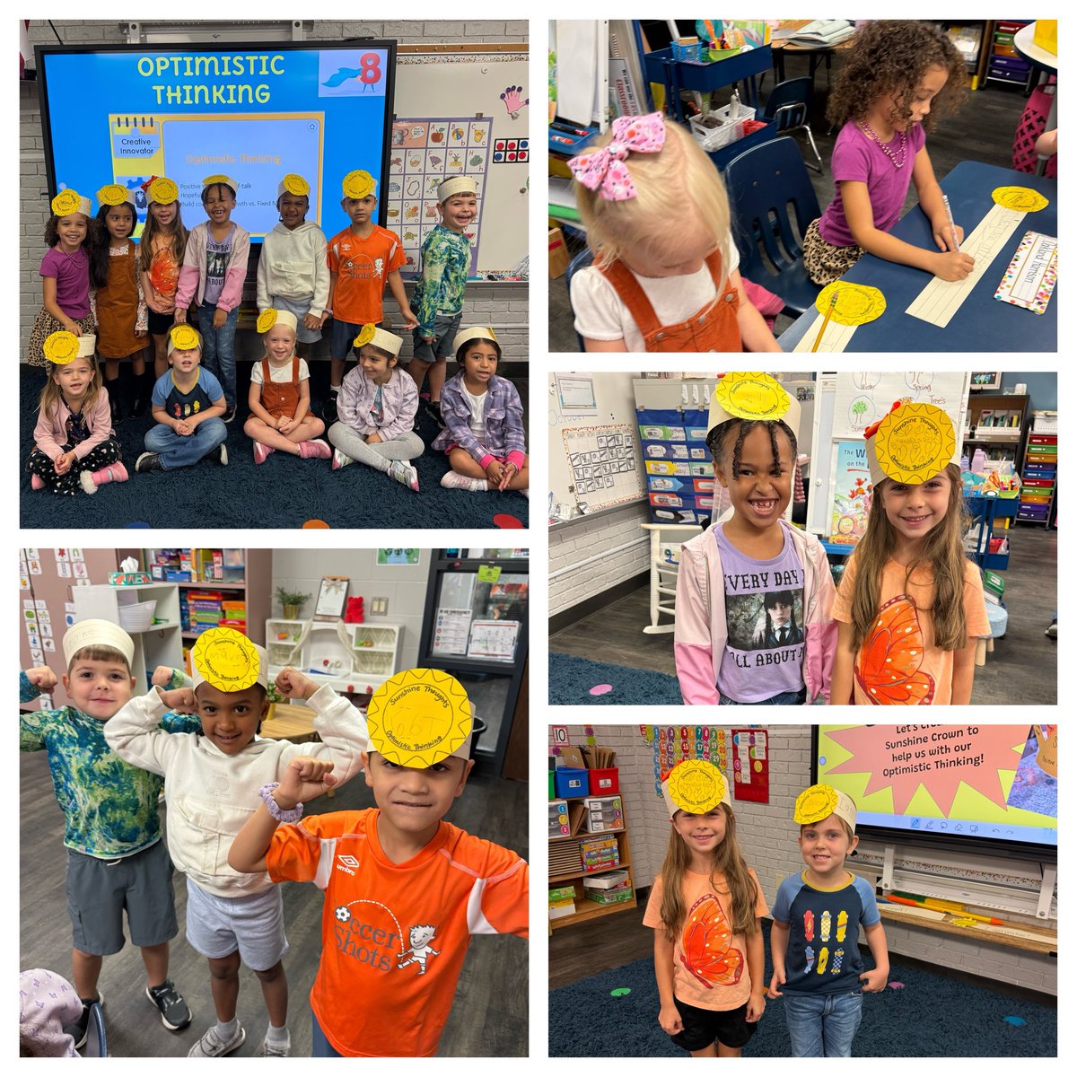 Our amazing <a href="/HumbleISD_WHE/">Woodland Hills Elementary</a> kinder kiddos learned about the Great 8 Skill-Optimistic Thinking 🧠 💭 in our guidance lesson today! They made sunshine ☀️ crowns 👑 to help with their positive thinking! #focusonthegood
