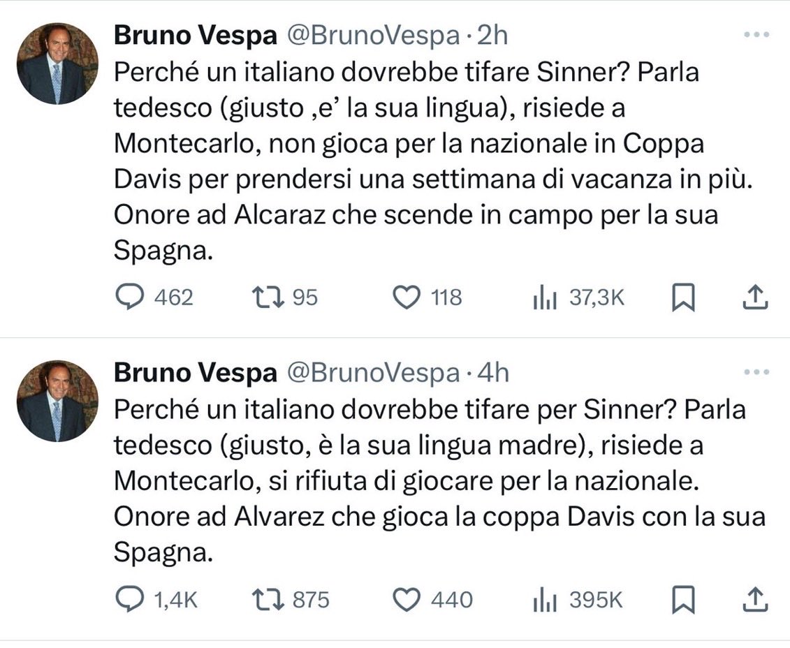 A quando pare Bruno Vespa ha modificato il suo post, inserendo il nome corretto di #Alcaraz.
Ora qualche anima pia lo informi anche che lo strafalcione su #Alvarez NON era la parte più vergognosa del suo post contro #Sinner.
