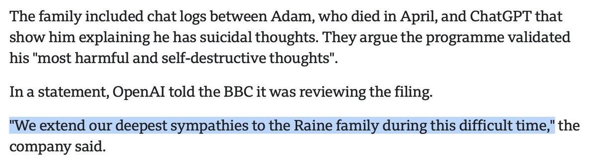 Really makes you wonder if you can take OpenAI comms at face value! 

Unless they're playing word games and their deepest sympathies for a grieving family aren't actually very deep at all.