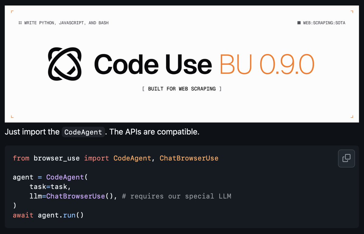 gregpr07's tweet image. Introducing: Code Use - Browser Use built for data collection💽
Web is written in code. The native way to interact with the browser is code👨💻
We built a special Agent() together with a custom LLM that only writes Python and Javascript. Say goodbye to Computer use paradigm. Full…