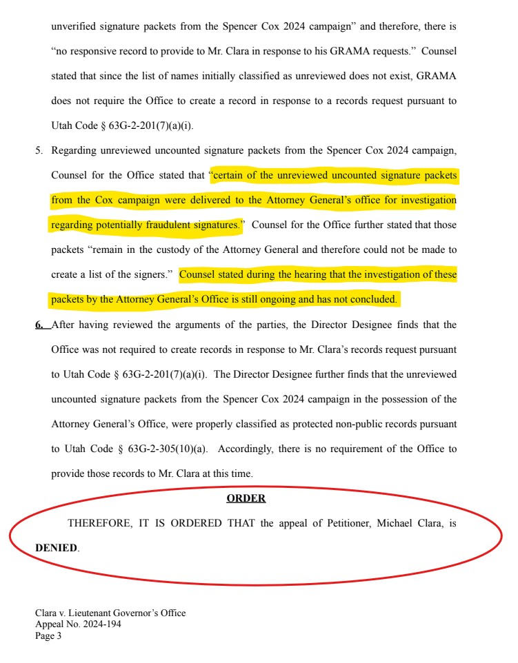 donMiguelSLC's tweet image. Update: 10/10/25, GRAMA Appeal is DENIED.
@GovCox candidate signature petitions will remain concealed from public view by both the @LGHendersonUtah and @UtahAG 
The cover-up remains in force.🧵