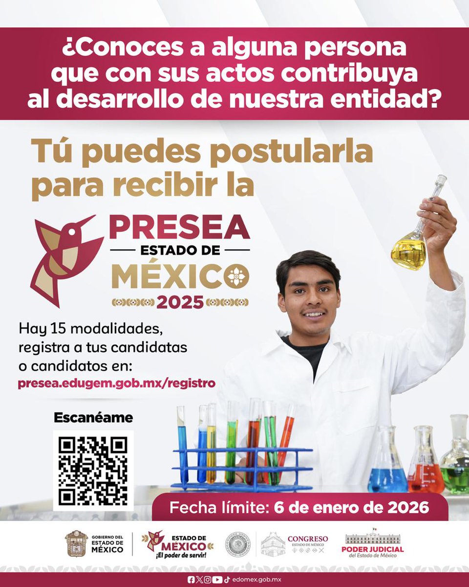 ¿Conoces a alguien del #EdoMex que, con su talento y esfuerzo, impulsan nuestra entidad? Registra a tu candidata o candidato para obtener la #PreseaEdoMex2025. 🏅
👉Ingresa a: presea.edugem.gob.mx/registro, tienes hasta el 6 de enero de 2026. #ElPoderDeServir