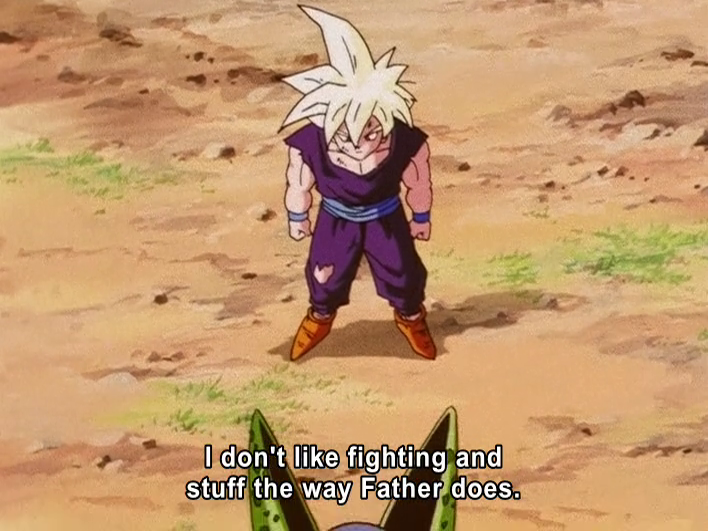 i think this comes from a misunderstanding of what Gohan said. He doesn't say that he doesn't like to fight ever, he doesn't in the way Goku does. Goku gets excited at the idea of fighting Cell with the world on the line, but Gohan is a kid so he gets scared.