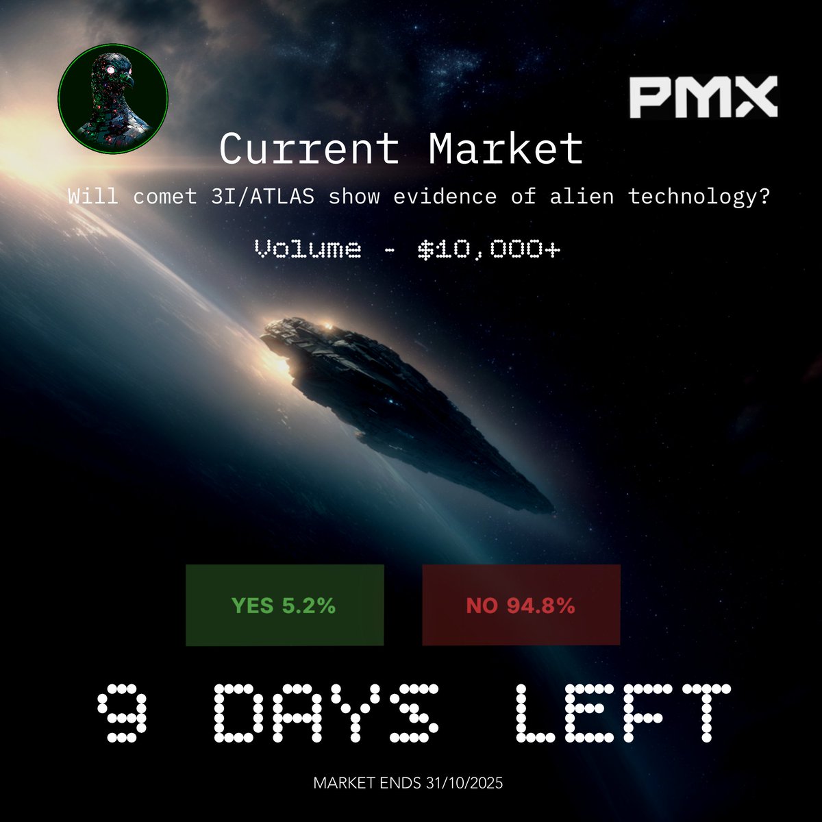 👽 Will comet 3I/ATLAS show evidence of alien technology? 

So far 94.8% of $10,626 traded on this prediction market say "NO".

Have your say at conspira.fi built on <a href="/pmx_trade/">PMX</a>