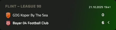 Spieltag 6 bei <a href="/playMFL/">MFL</a> 

Wir gewinnen auch das sechste Spiel klar mit 6:0 auswärts! Die Reise geht weiter 💪

Die Pokalspiele bestritt unsere 2. Mannschaft, die beide leider gegen höherklassige Teams verloren wurden...

Fokus bleibt die Liga...!

<a href="/NoTimeW3/">NoTime</a>