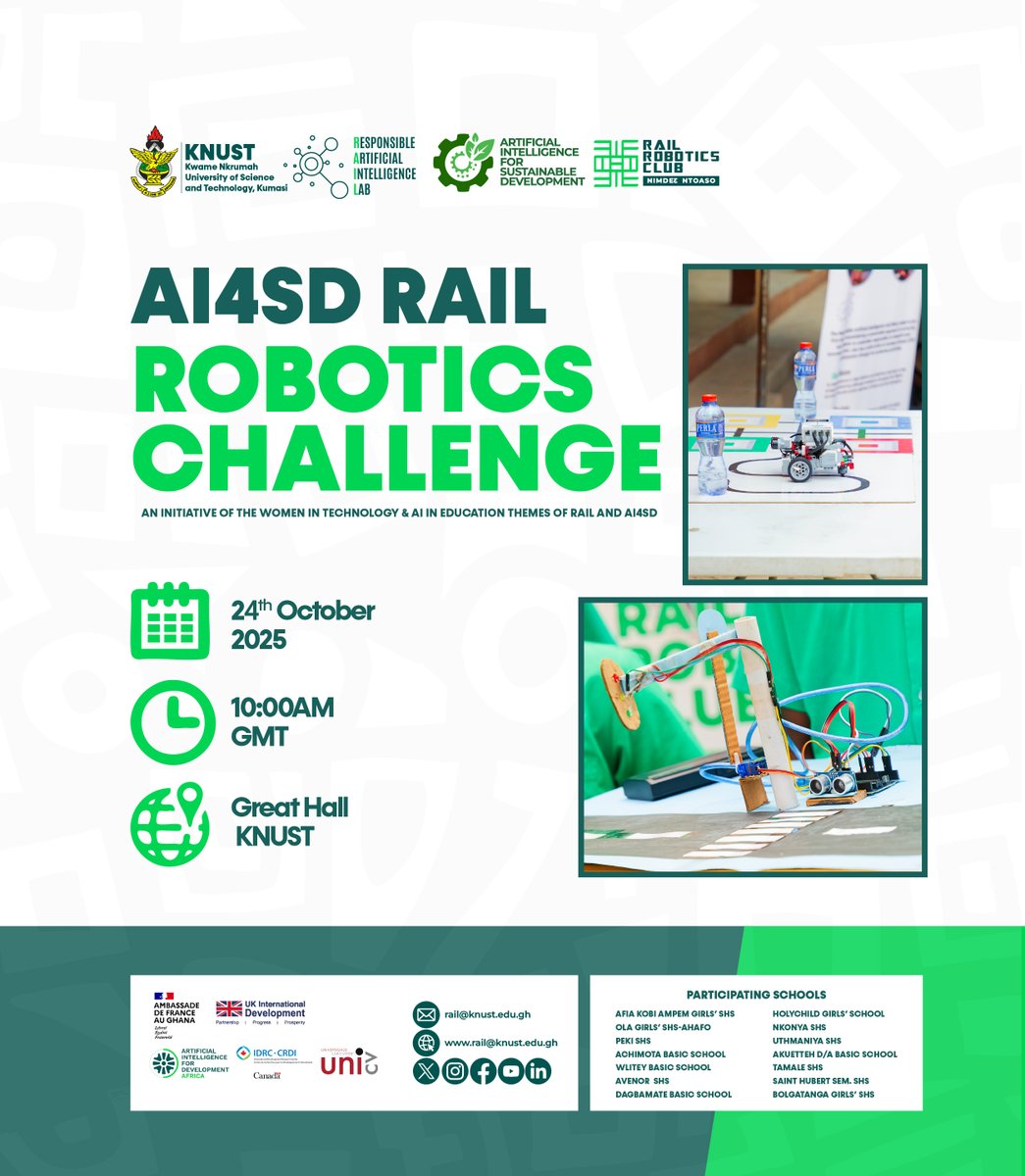 📌 THE COUNTDOWN IS ON!

AI4SD, RAIL ROBOTICS CHALLENGE 2025 is hitting the Great Hall at KNUST this 24th October! 🤖🔥