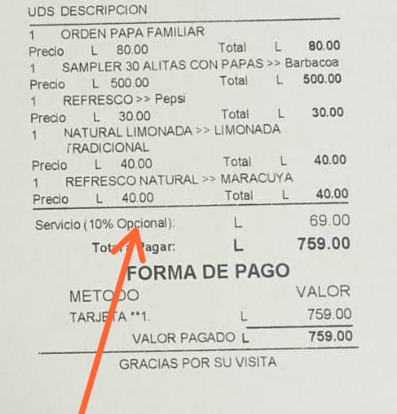 Restaurantes de San Pedro Sula 
👉 No condicionar al consumidor estableciendo un porcentaje en la factura.