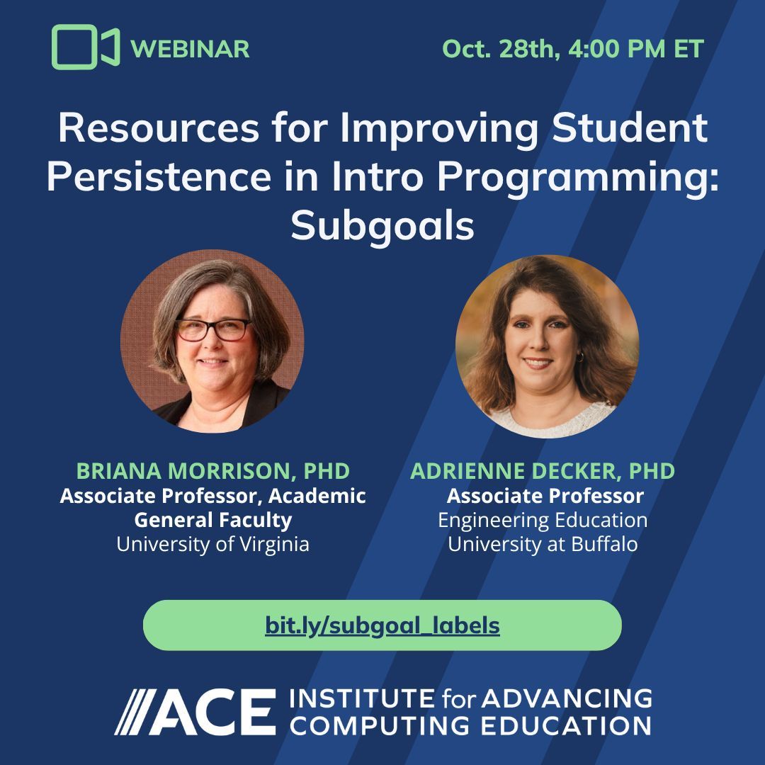 📣 Remember to join us for an interactive webinar on Oct 28, 4pm ET, designed for anyone teaching introductory programming! Learn how to use subgoal labeling to help students understand key programming concepts more effectively. 💻

Register today! bit.ly/subgoal_labels
