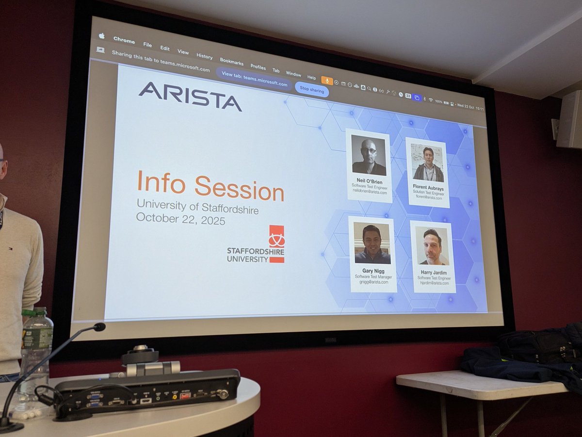 StaffsNetworks's tweet image. Thanks for the talk today by Arista at the university.  It was a great turn out and  best of 🤞 luck to everyone tomorrow who are applying for the positions @SpatialityJones @UniofStaffs #computing