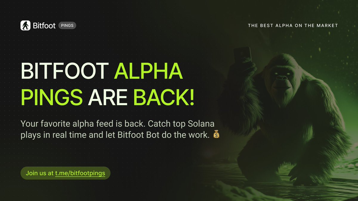 🔥 Bitfoot Pings are LIVE again 🔥

After a short break for maintenance our Alpga Pings are LIVE again, stronger and sharper than ever. 👣

Thanks for your patience 💚

Let’s fire up Solana again. Alpha season’s back on! ⚡️

📡 t.me/bitfootpings | 🤖 t.me/BitFootBot