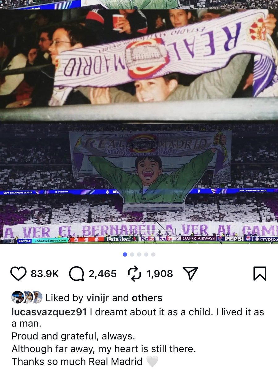 theMadridZone's tweet image. 📲 Lucas Vazquez on IG: 

“I dreamed of it as a child, I lived it as a man.

Proud and grateful, always.

Although I’m far away, my heart is still there. 

Thanks so much, Real Madrid.” 🤍