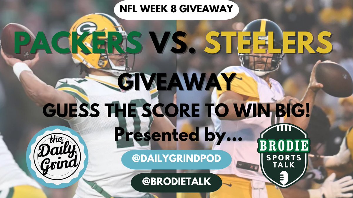 🚨#NFL #CONTEST🚨

GUESS THE SCORE &amp; WIN $20 AMAZON GIFT CARD

HOW TO ENTER:
✅ FOLLOW <a href="/dailygrindpod/">The Daily Grind Podcast ☕️</a> <a href="/BrodieTalk/">Brodie Sports Talk🏈🎙️</a>
✅ LIKE &amp; RT THIS TWEET
✅ COMMENT WITH CORRECT SCORE BEFORE KICKOFF

⏳ENDS AT 10/26, 8:00 PM EDT 🏈

#NFLWeek8 #PackersVsSteelers #Giveaway #Cheeseheads #Yinzers