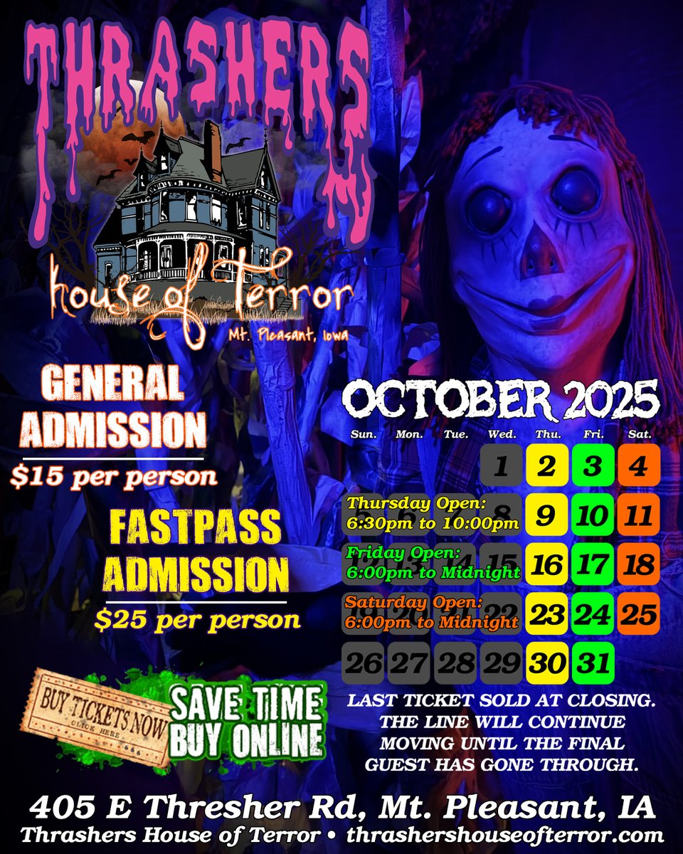 THouseofTerror's tweet photo. ⏳ Only 2 weekends left at Southeast Iowa’s favorite haunted house! Fast passes are going quickly. Get yours at https://t.co/9vALUWoCHL. Visit Thursday or early Fri/Sat for shorter waits. #ThrashersHouseOfTerror #FaceTheTerror https://t.co/Dp8k3HFfyC