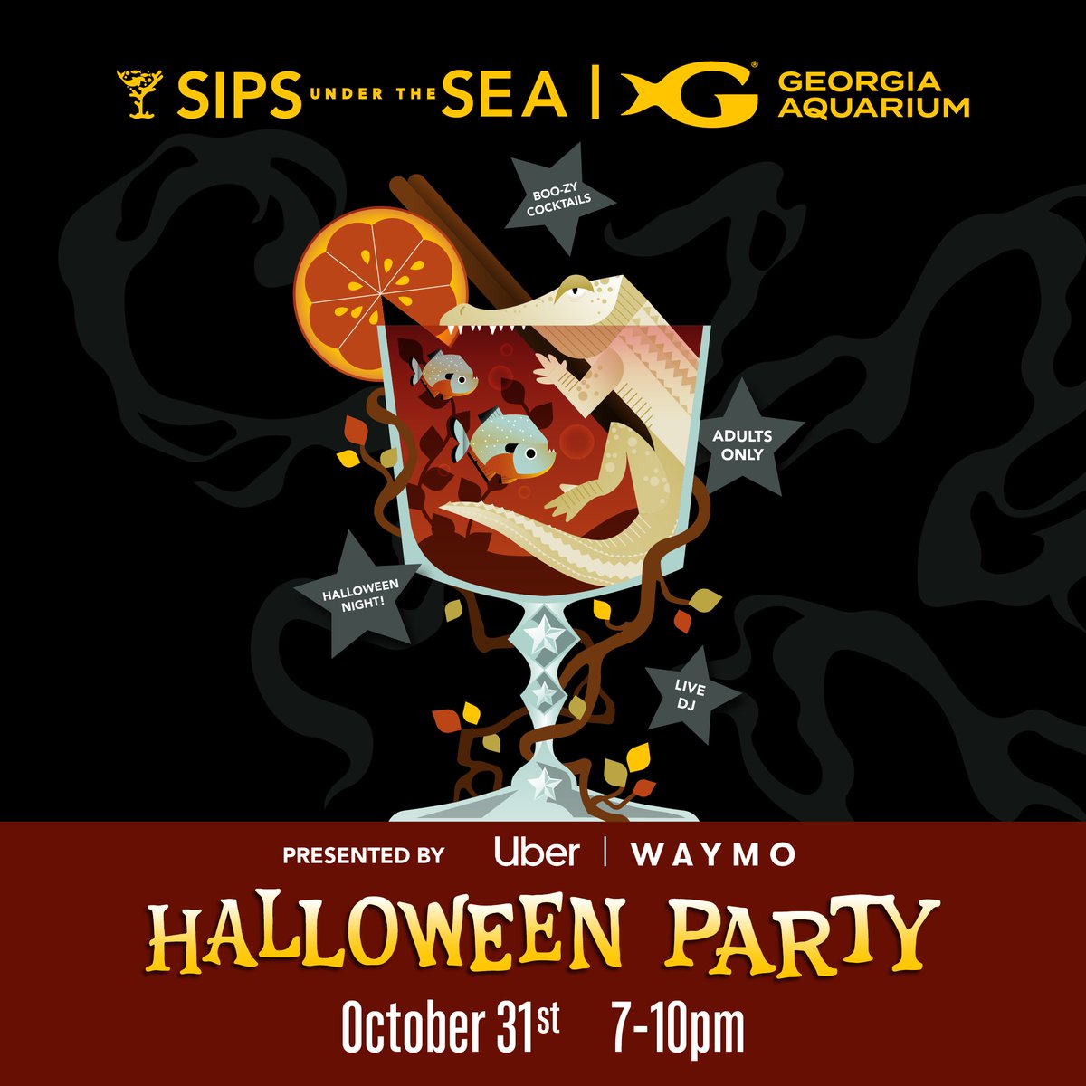 Join us for this spooky edition of Sips Under the Sea, featuring Haunted Seas. This 18+ event includes signature cocktails and mocktails, live DJ, and terrifying décor throughout the GA Aquarium. 
Get tickets: bit.ly/43ymeQ9
