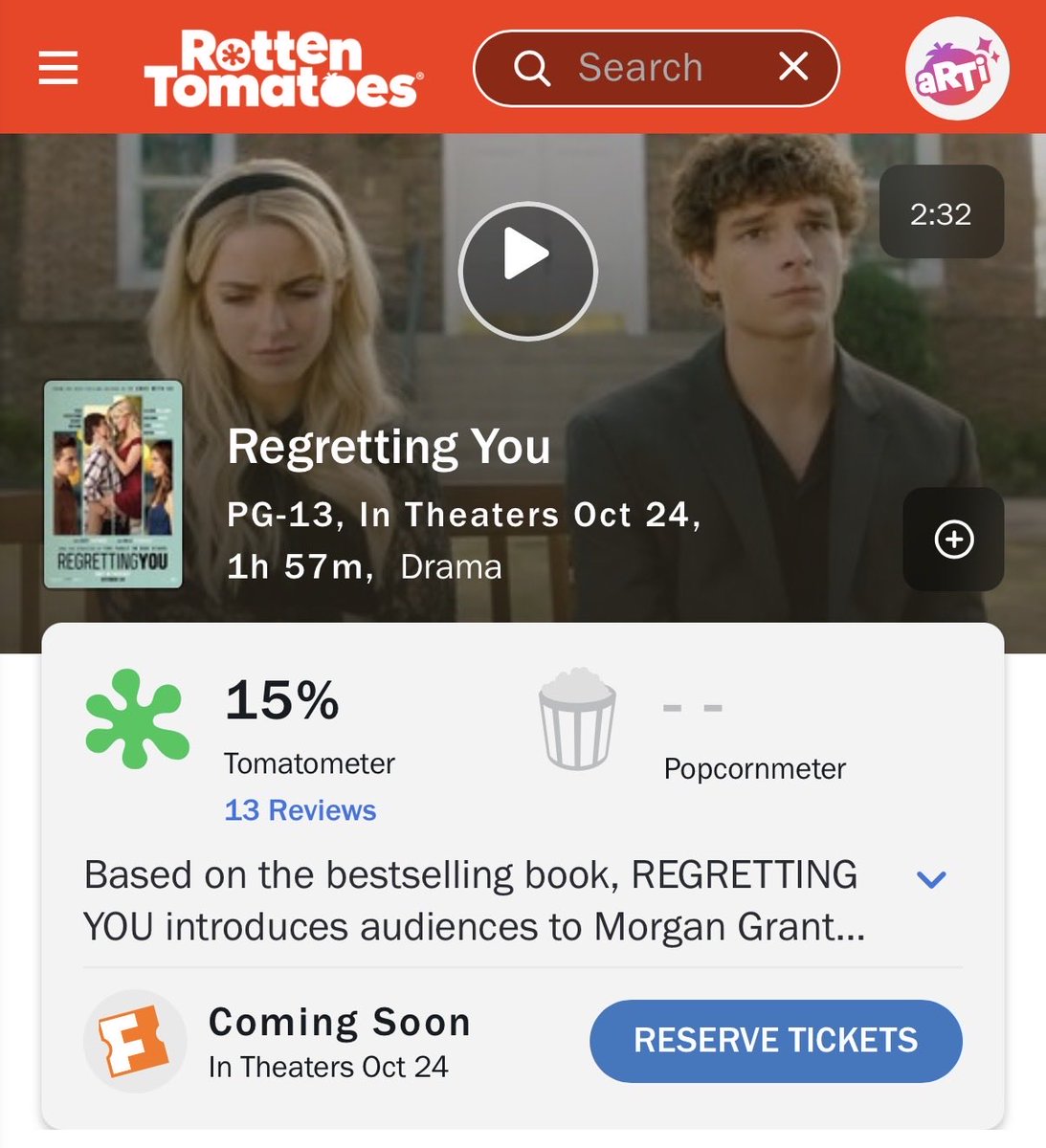 FilmUpdates's tweet image. ‘REGRETTING YOU’ debuts with 15% on Rotten Tomatoes.