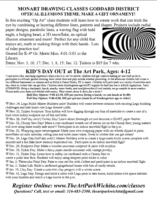 MonArt Session 2 begins November 3rd. If you are interested in signing your child up please see the attached flyer.