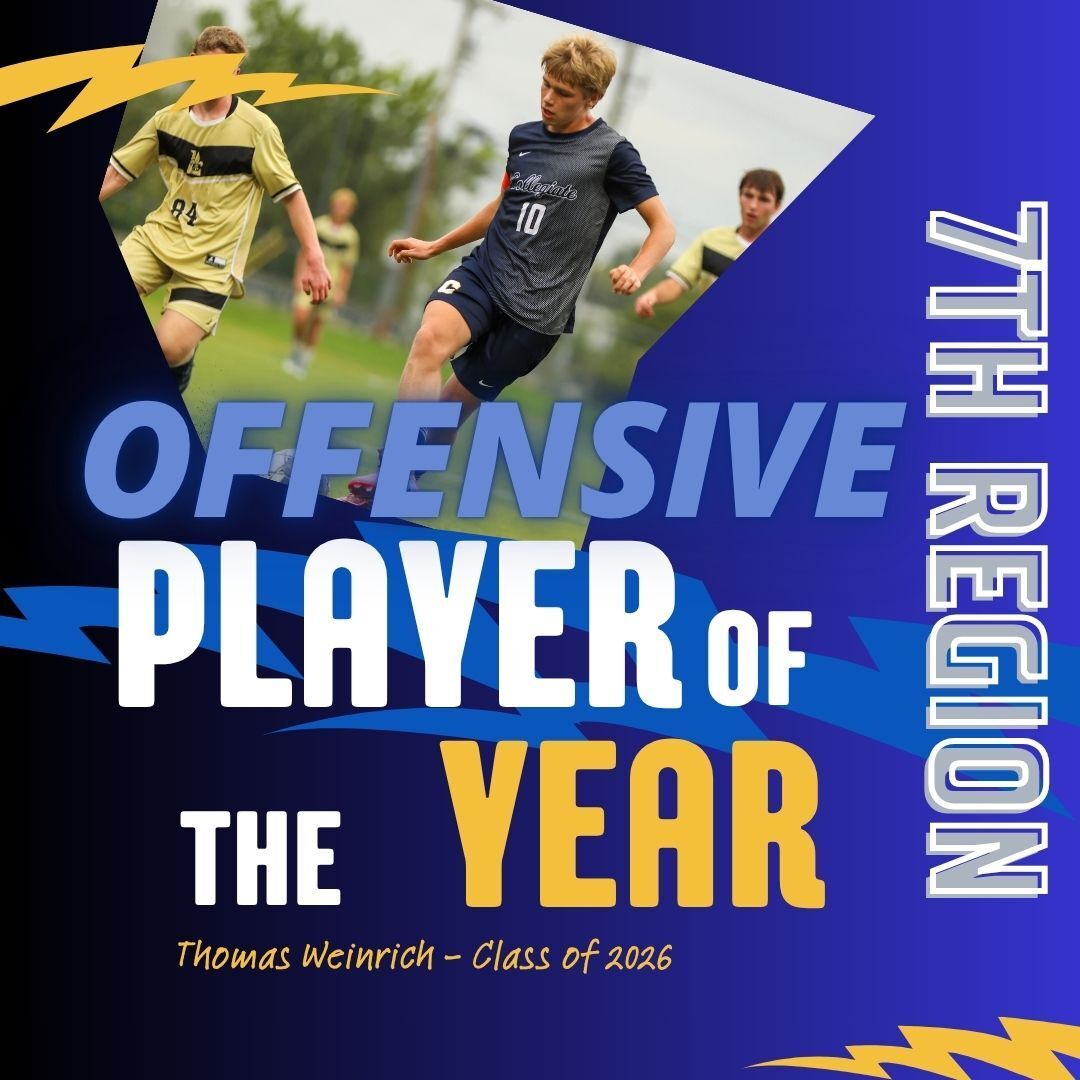 Congrats to Titan Thomas Weinrich '26 on being selected as the 7th Region Offensive Player of the Year. Thomas finished his career at Collegiate as the schools 2nd All-Time Goals Scorer (79),  All-Time Assist Leader (49), and All-Time Points Leader (207).