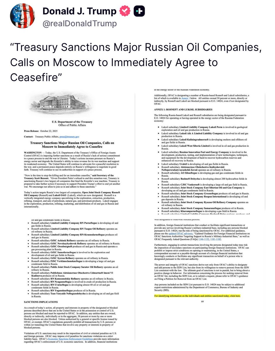 Anibal E. Sanchez Ismayel (@anibalsanchezof) on Twitter photo El Departamento del Tesoro de los Estados Unidos <a href="/SecScottBessent/">Treasury Secretary Scott Bessent</a> ha impuesto sanciones a las principales compañías petroleras rusas, incluyendo Rosneft y Lukoil, / <a href="/RosneftEN/">Rosneft</a> , <a href="/lukoilengl/">LUKOIL</a> junto con numerosas subsidiarias, según el comunicado de prensa del 22 de octubre de 2025. El Departamento del Tesoro de los Estados Unidos <a href="/SecScottBessent/">Treasury Secretary Scott Bessent</a> ha impuesto sanciones a las principales compañías petroleras rusas, incluyendo Rosneft y Lukoil, / <a href="/RosneftEN/">Rosneft</a> , <a href="/lukoilengl/">LUKOIL</a> junto con numerosas subsidiarias, según el comunicado de prensa del 22 de octubre de 2025.