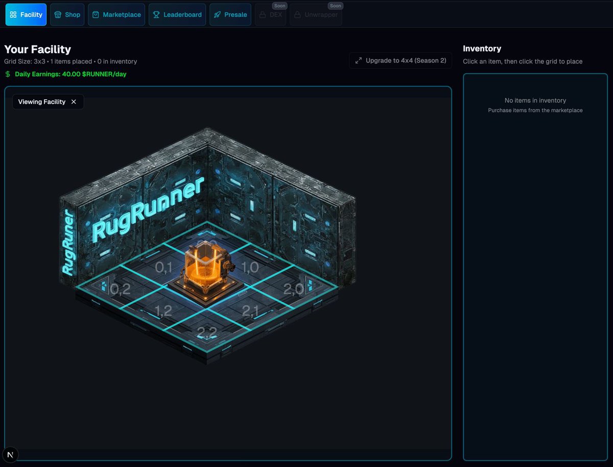 RugRunnerDotFun's tweet image. The blueprints are ready. Our docs are now live: dive into the full breakdown of items, earnings, and how to start your run.

Learn more:
rugrunner.fun/docs