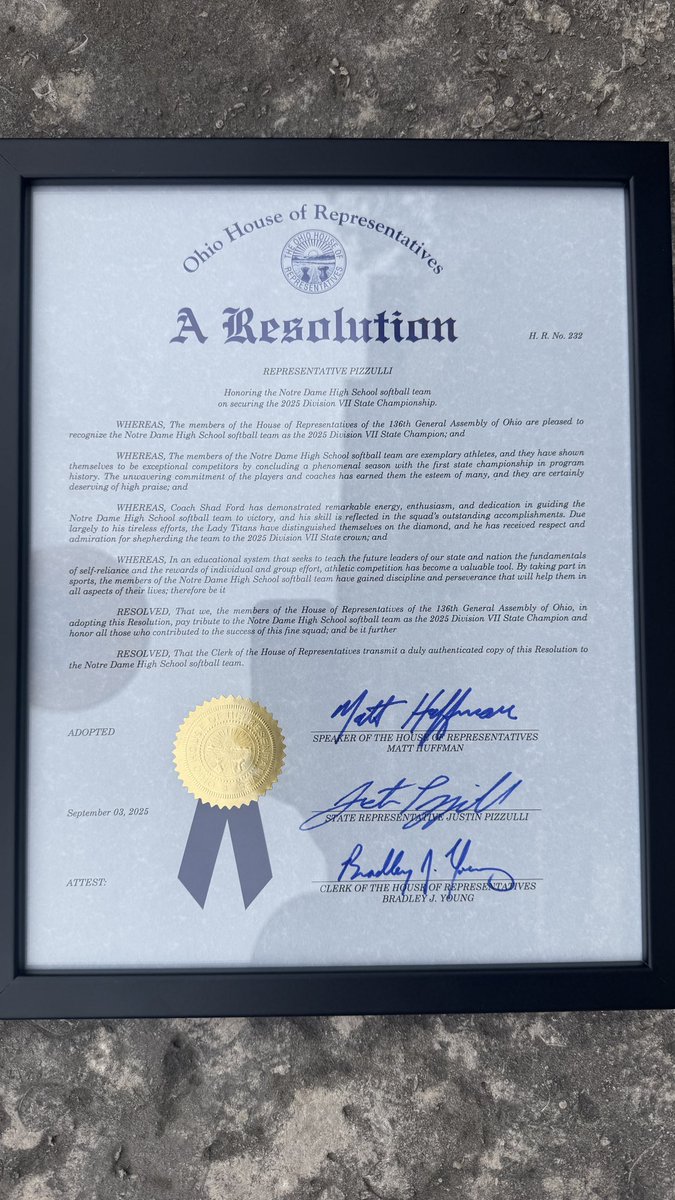 Being a 2025 State Champion is finally starting to sink in. Ring ceremony on Sunday and trip to the Ohio Statehouse today as a guest of Rep. Pizzulli. Enjoyed lunch with Franklin Co Commissioner O’Grady overlooking Columbus. 💙
<a href="/ND_LadyTitans/">ND Lady Titans Softball</a>
