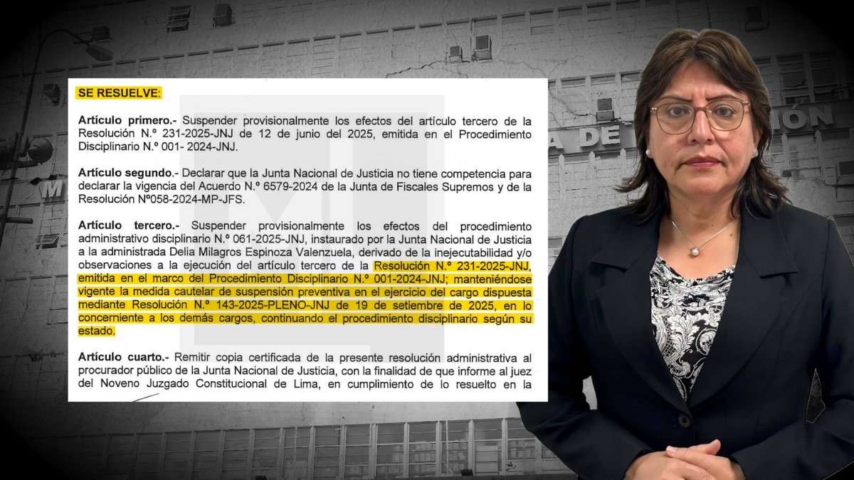 MLSinRodeos's tweet photo. ¡NO REGRESA! JNJ resuelve que Delia Espinoza no podrá reincorporarse a la fiscalía, ya que están pendientes esclarecer los otros motivos por los cuales fue suspendida. https://t.co/PGfa2W73jC
