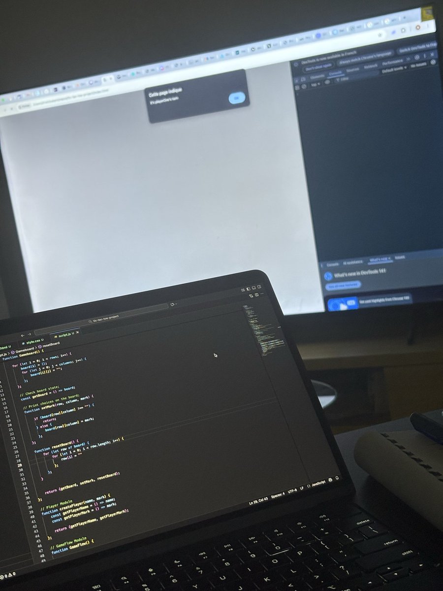 adio_ks's tweet image. Tic-Tac-Toe game code ongoing…
Spent 7 hours getting the console version working 😮💨🤯
A lot of thinking and head gymnastics were made 😵😴
Head’s hot, but it finally runs!
UI version coming tomorrow 👨🏽💻
#TheOdinProject #learningcode