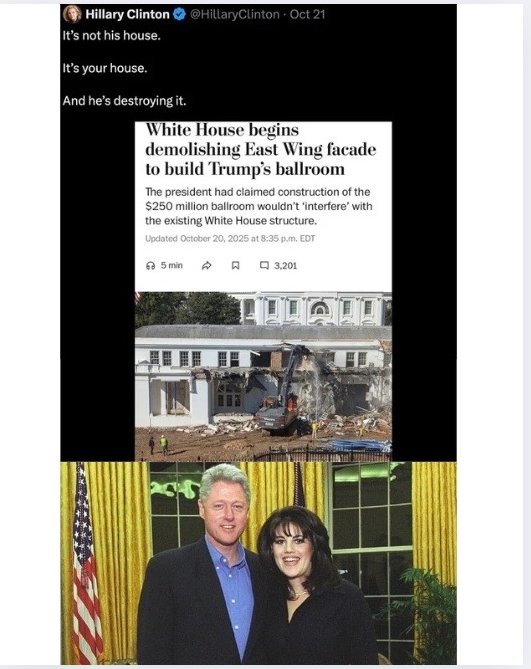 Hey <a href="/HillaryClinton/">Hillary Clinton</a>, refresh my memory… what exactly did your husband do in OUR house? Asking for the interns.

Also, didn’t you “accidentally” take five figures worth of White House furniture on your way out?