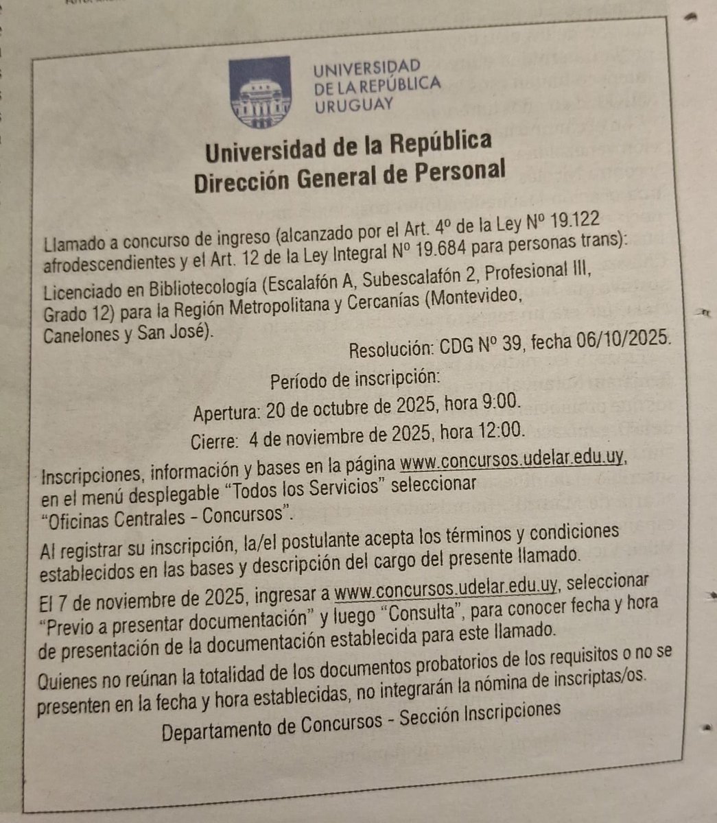 CustodioNat's tweet photo. #OfertaLaboral Lic. Bibliotecología UDELAR https://t.co/ML0fWvtveB