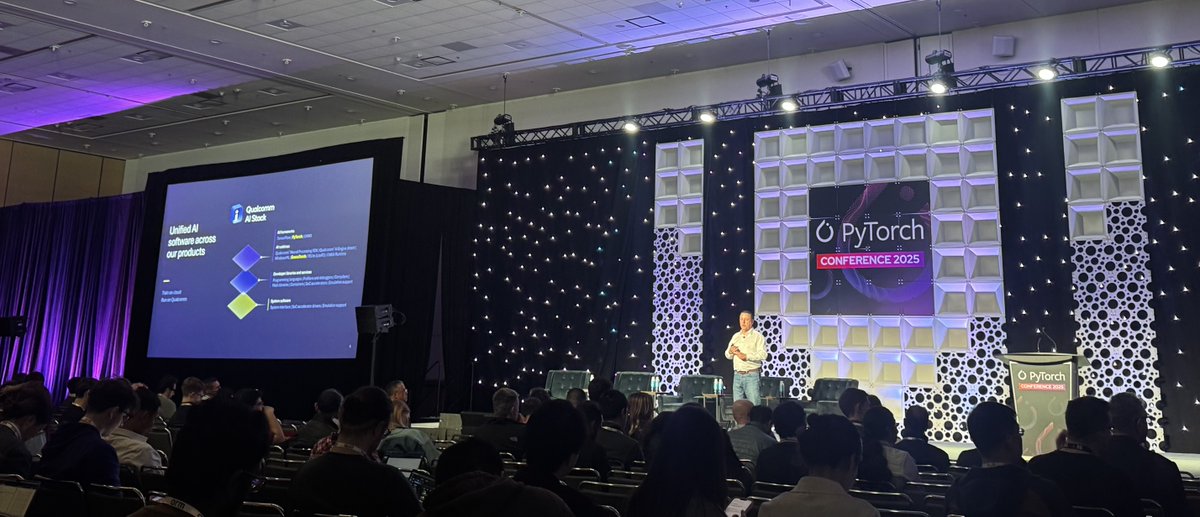 PyTorch's tweet photo. Jeff Gehlhaar, @Qualcomm, discusses how the company is unlocking AI at scale for PyTorch developers in today’s sponsored keynote.
📸 Livestream final Day 1 keynotes here: https://t.co/TY6V6tm8d5
#PyTorchLive #PyTorch #OpenSourceAI https://t.co/AF2DXpSY5s