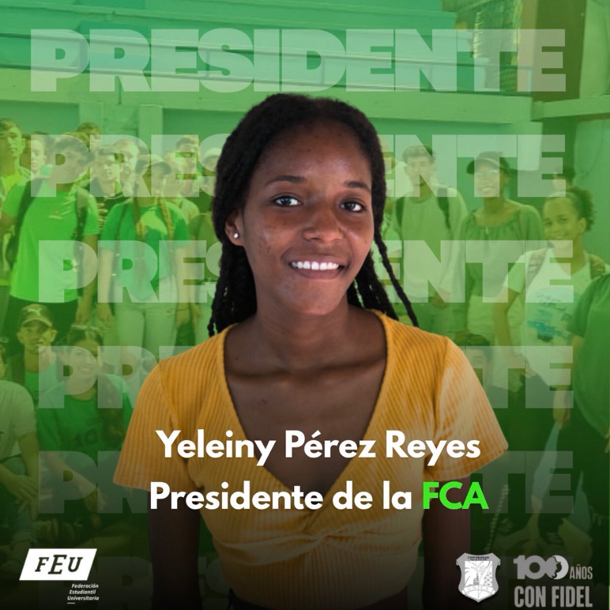 En las elecciones celebradas ayer, la comunidad estudiantil de la FCA ha elegido a Yeleiny Pérez Reyes como nueva Presidenta de la FEU en esta facultad.
Desde estas líneas queremos extender nuestras más sinceras felicitaciones a Yeleiny por este logro significativo💚