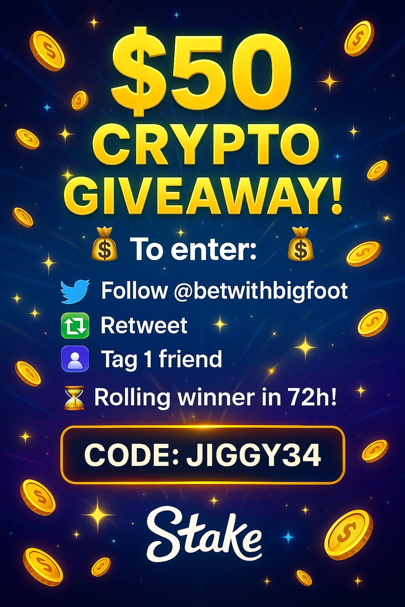 🚨 $50 CRYPTO GIVEAWAY 🚨
Dropping $50 in USDC to one lucky follower 🎯
Simple to enter. Real rewards. No BS.

To enter:
1️⃣ Follow
2️⃣ Retweet
3️⃣ Tag 1 friend who gambles too much 😂

⏳ Winner rolls in 72h
CODE: JIGGY34 on Stake 🎰

Let’s go boys 💸
#Giveaway #Crypto #Stake