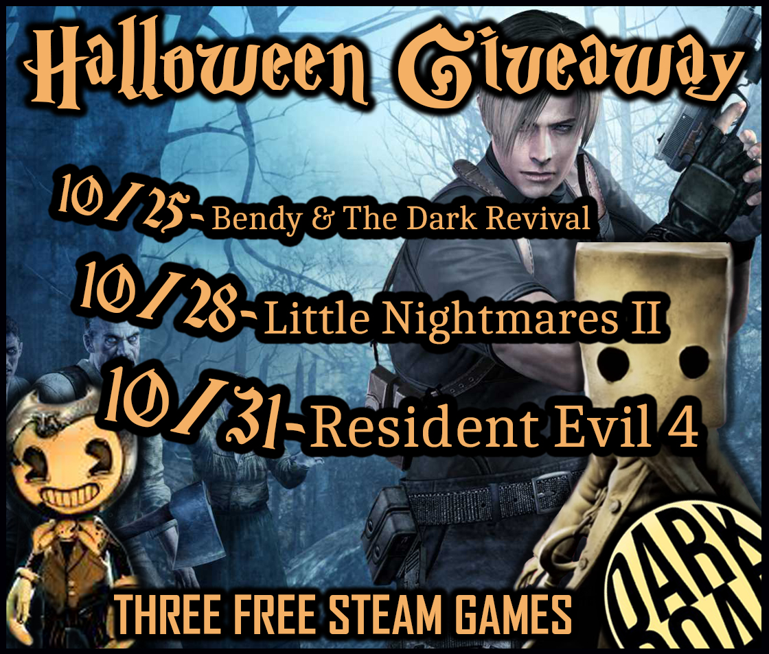 dark_road_games's tweet image. 🎃FREE GAME GIVEAWAY👻
Three winners on three different days.
10/25 - Bendy &amp;amp; the Dark Revival
10/28 - Little Nightmares 2
10/31 - Resident Evil 4
TO ENTER:  Follow, Like, and Repost!

And if you like dark and gritty games, wishlist my upcoming game Scarseeker on Steam!