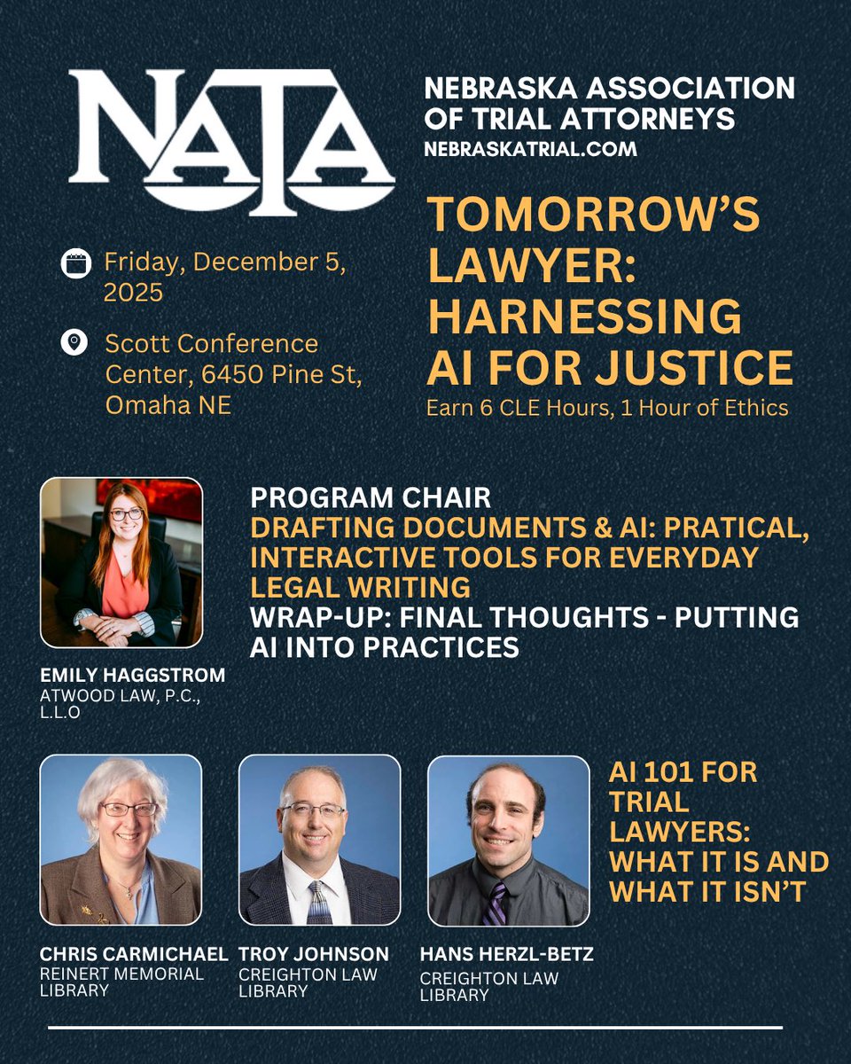 NETrialAttys's tweet image. Do you have your CLE hours completed for 2025?  If not-- check out our next CLE Seminar scheduled for December 5, 2025, at the Scott Center in Omaha.  You will receive 6 CLE hours including one hour of ethics!  Register at NebraskaTrial.com