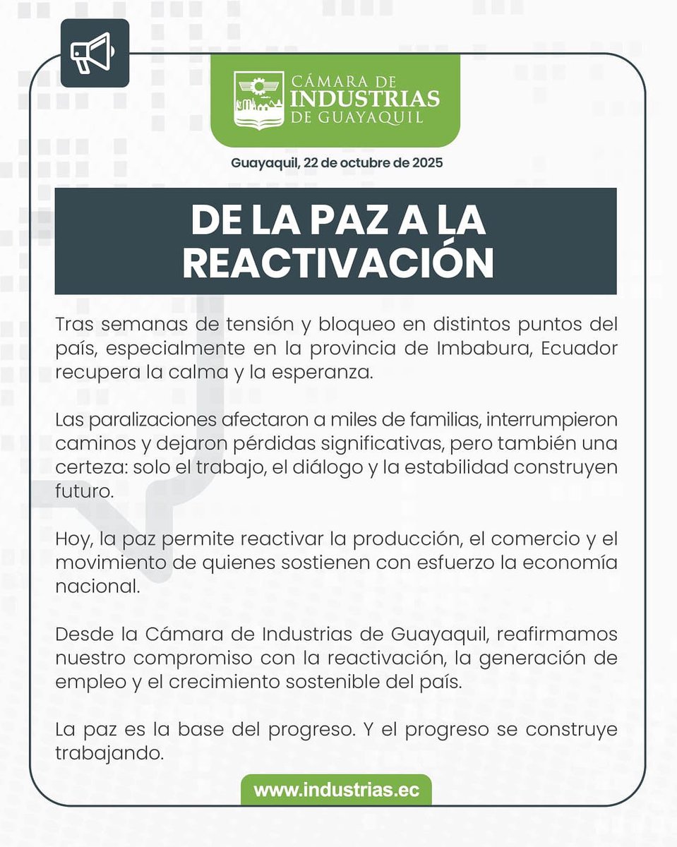 📢 Comunicado Oficial – Cámara de Industrias de Guayaquil

🇪🇨 La paz abre paso al progreso.
Tras semanas de tensión, Ecuador recupera la calma y la esperanza.
La reactivación ya está en marcha y el compromiso del sector productivo sigue firme: trabajar por la estabilidad, el