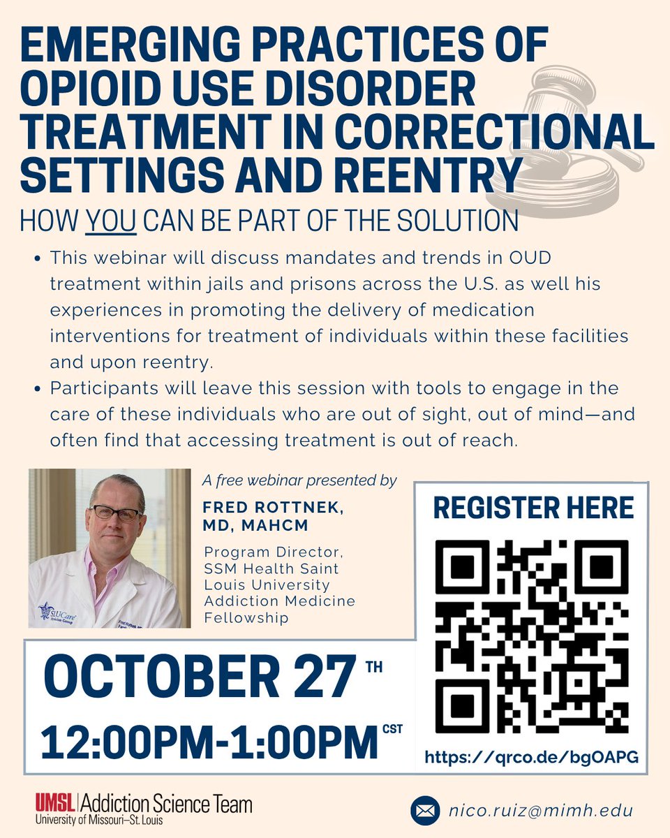 Emerging Practices of Opioid Use Disorder Treatment in Correctional Settings: a free webinar on October 27 from 12-1PM(CST). Individuals with substance use disorders are overrepresented in correctional settings. Pressure is building both inside and outside of correctional