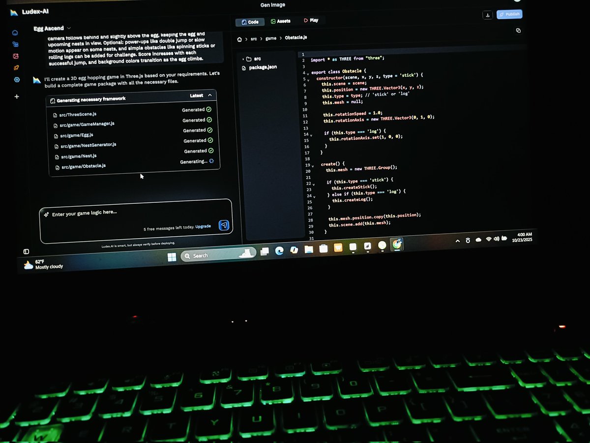 ItsMeUltron's tweet image. 4 AM. Sleep error 404 😵💫
Too many mixed thoughts, so… why not turn them into a 3D game?
Thanks, @LudexAI_io ⚒️
Guess what chaos I’m building this time? 👀
#Web3 #AI #GameDev #3DGames #NoCode #LudexAI #CryptoGaming