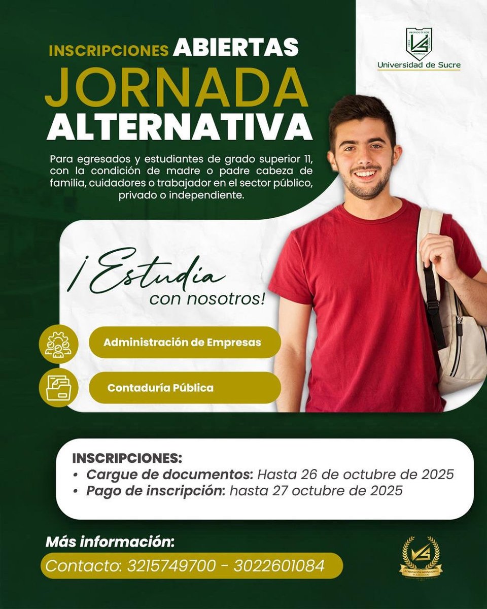 Unisucre's tweet image. 🟢⚪️Inscripciones abiertas de la Jornada Alternativa
¡No te pierdas esta oportunidad!💚📚