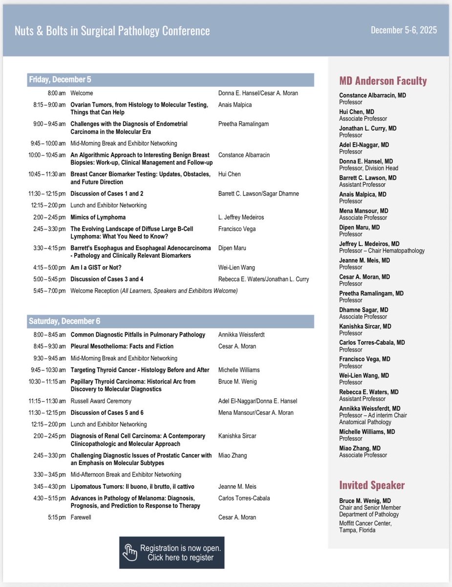 Join <a href="/MDAndersonNews/">MD Anderson Cancer Center</a> #pathology Dec 5-6 for an overview of surgical pathology as our expert faculty provide practical insight into cutting edge topics. Register at
mdanderson.cloud-cme.com/course/courseo…

cc <a href="/drdonnahansel/">Donna Hansel MD, PhD</a>