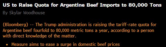 It's official...or not just a tweet, but the US is raising the TRQ on ARGY beef imports by 4x to 80,000 mt, or 176 million lbs. Ultimately the volume of tariff free beef is immaterial and will not address US food inflation that is caused by the structural supply deficit of