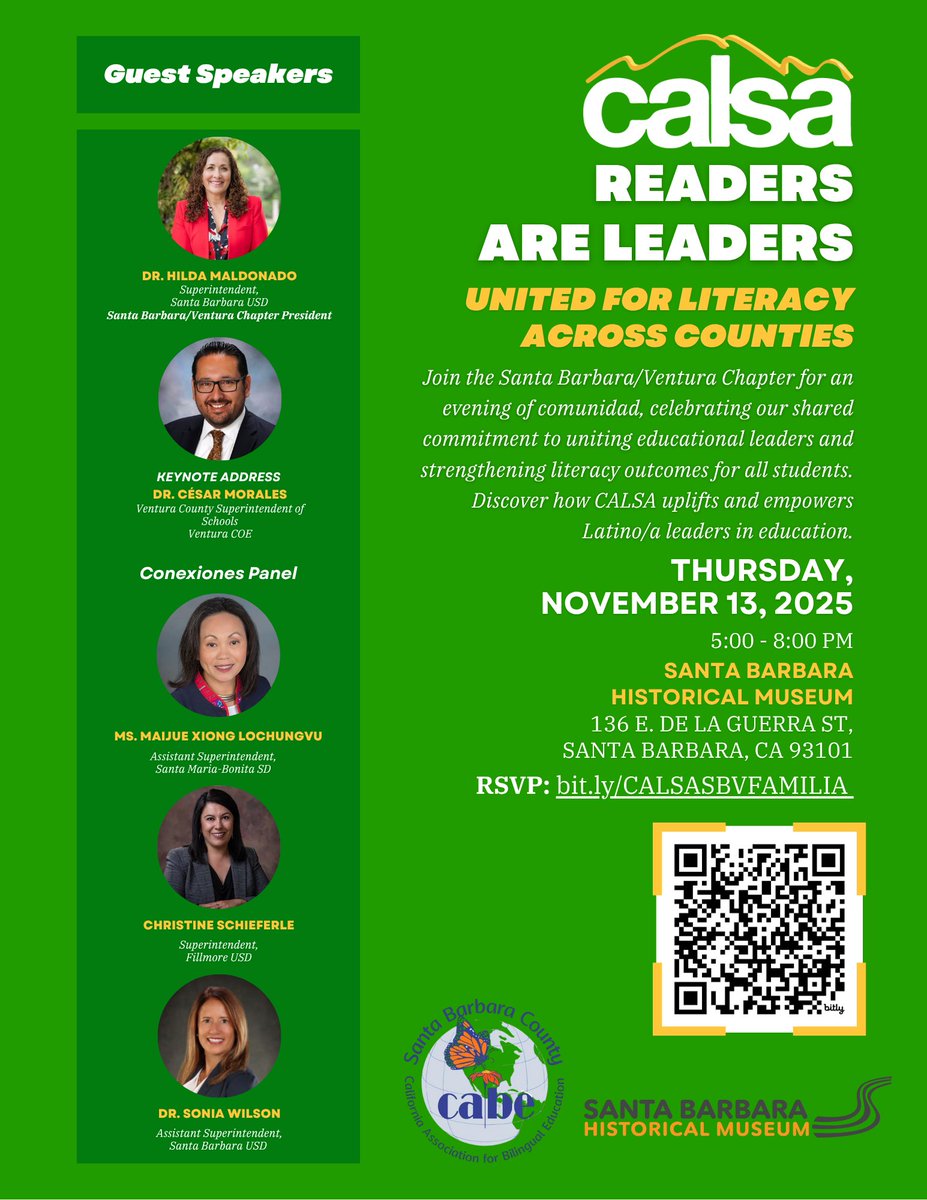 CALSAfamilia's tweet image. 📚 Join CALSA’s Santa Barbara/Ventura Chapter for Readers are Leaders: United for Literacy Across Counties! 
Nov. 13 | 5–8 PM | Santa Barbara Historical Museum 

RSVP now: bit.ly/CALSASBVFAMILIA

#CALSAFamilia #BuildingCommunity