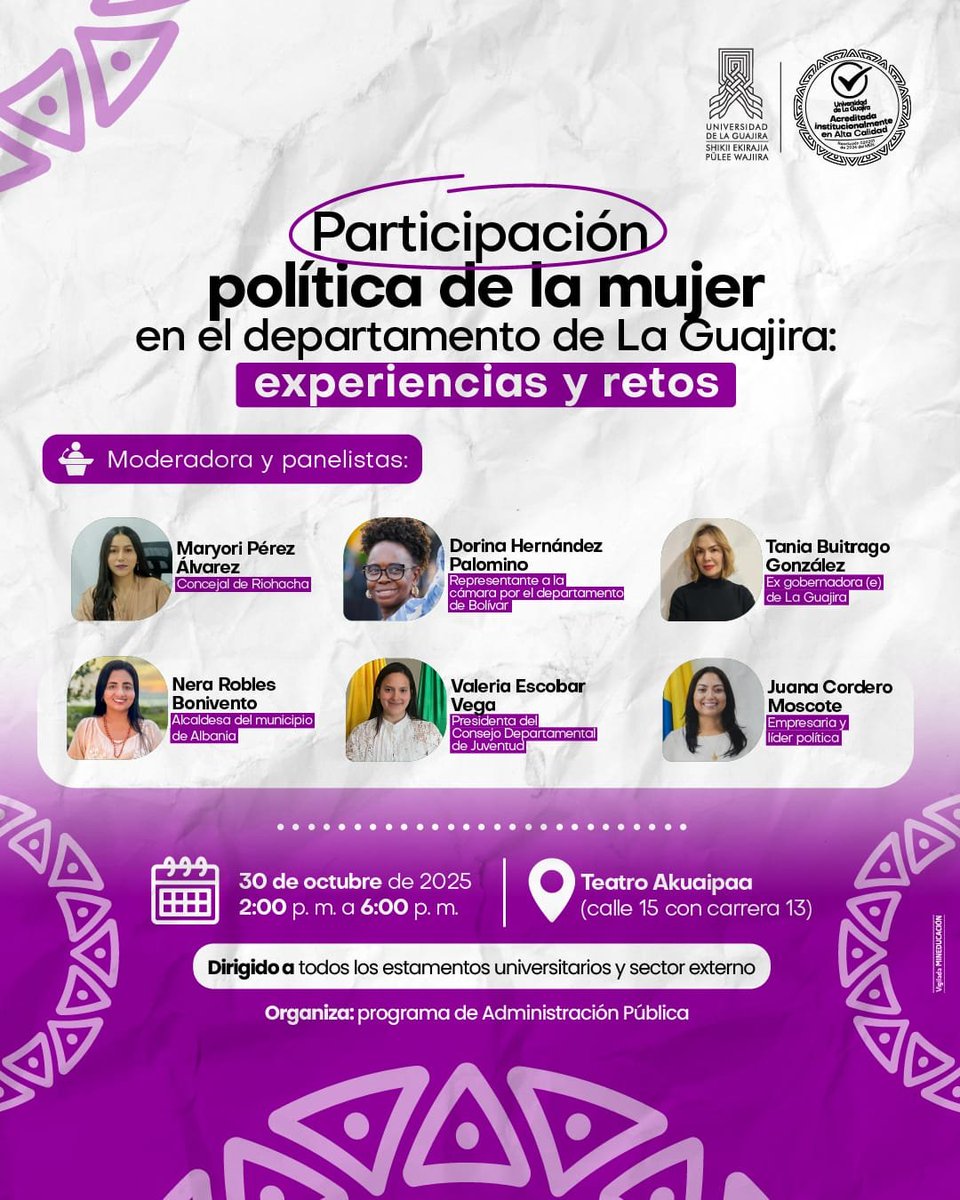 III Conversatorio sobre Participación Política de la Mujer en el Departamento de La Guajira: Experiencias y Retos.
Todos Invitados <a href="/UniLaGuajira/">UniGuajira</a> <a href="/ORIUNIGUAJIRA/">UNIGUAJIRA ORI</a> <a href="/uniguajira893/">Uniguajira 89.3 FM</a> <a href="/TaniaBuitragoG/">TANIA BUITRAGO</a> <a href="/AlbaniaGuajira/">Alcaldía de Albania</a> <a href="/juanacorderom/">Juana Cordero Moscote</a> @dorinahe